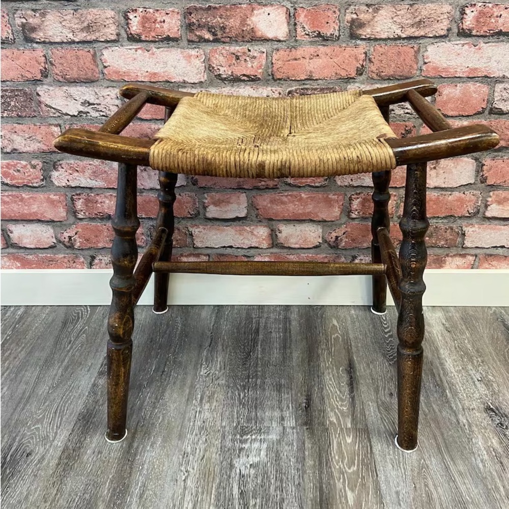 Antique bench Primitive Curved Woven Rush Bench stool with Wood Frame tiger oak?